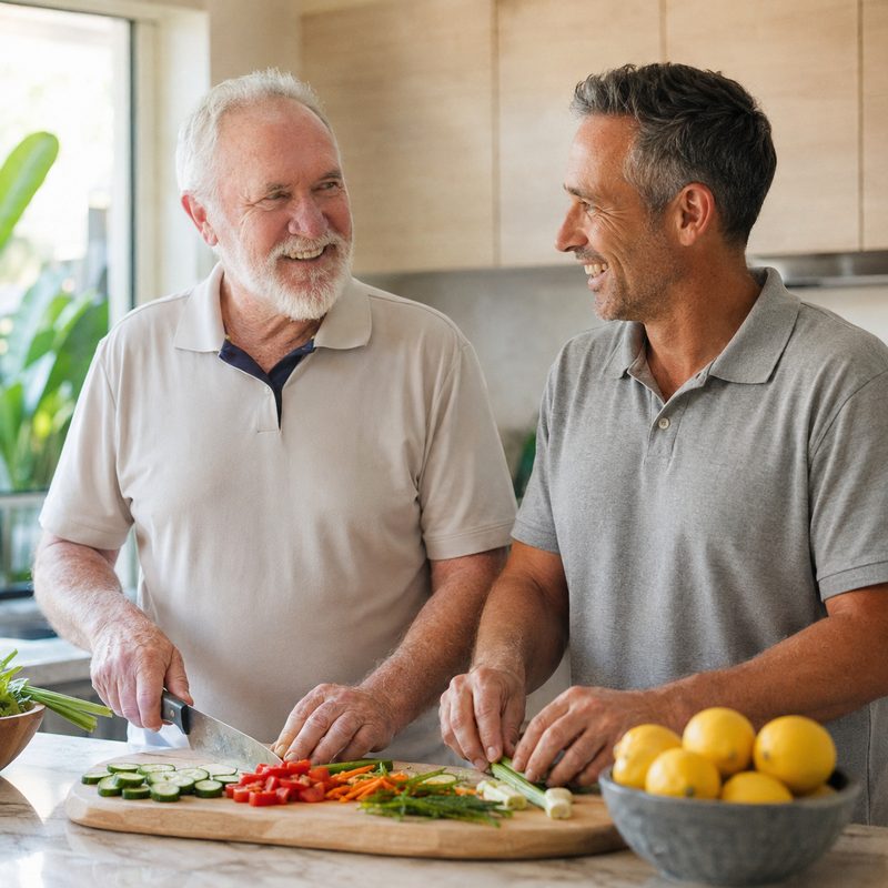 A support worker helping a client prepare a meal in her kitchen
