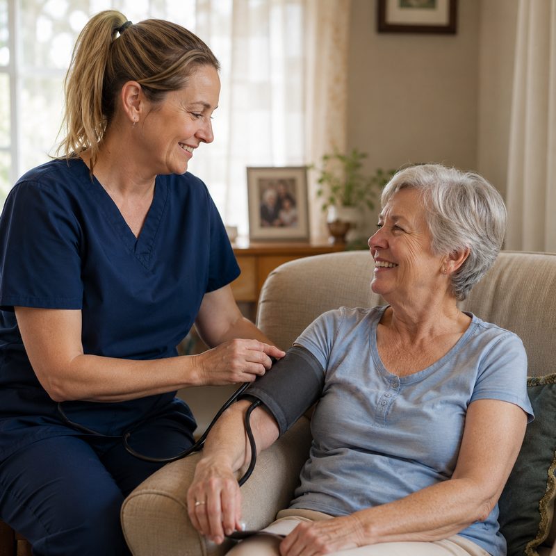 A registered nurse checking in on a client at home