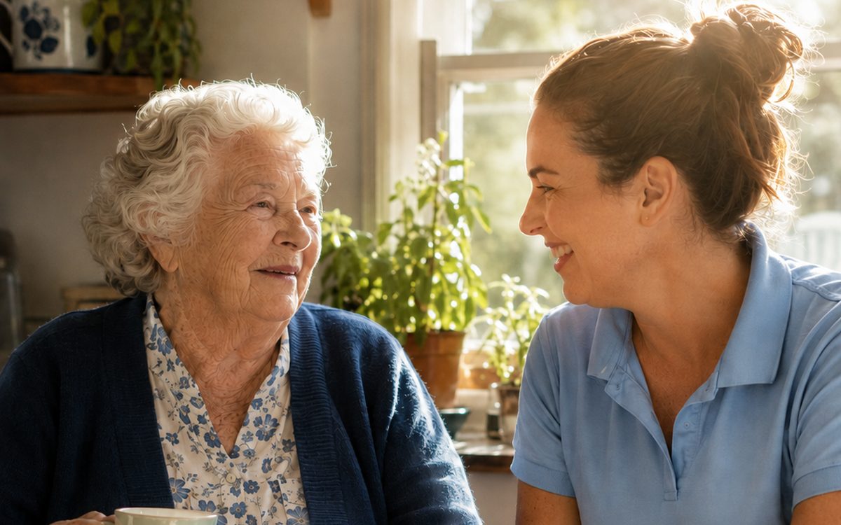 A My Centred Care support worker sharing a cup of tea with an older client at her kitchen table