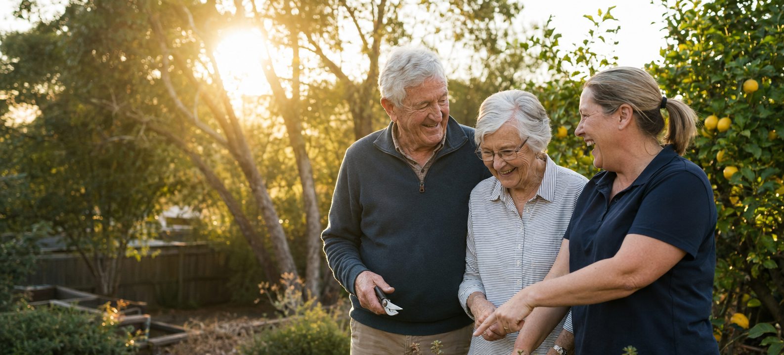 An older couple in their garden with a My Centred Care support worker