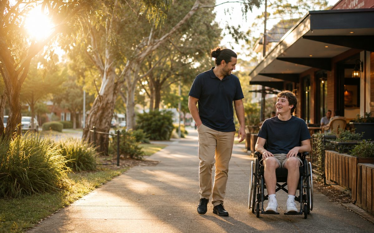 A young NDIS participant and his support worker heading out for a community activity